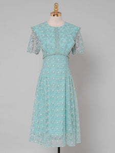Vintage Teal Short Sleeve Pearl Neck Waist Embroidered Dress