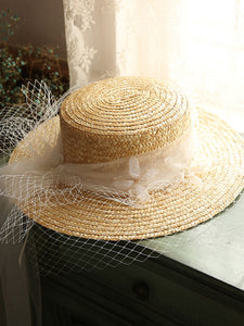 Straw Hat Beige With Long Lace Tulle For Holiday