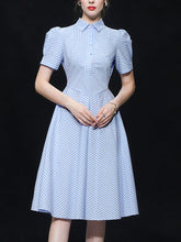 Load image into Gallery viewer, Blue Stripe Turn Down Collar 1950S Vintage Dress