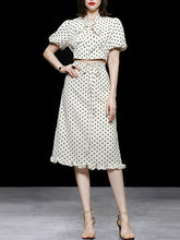 Load image into Gallery viewer, 2PS Tie Bow Cropped Polka Dot Top Apricot Ruffle A-Line Skirt Set
