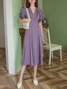 Lavender V Neck Puff Sleeve Swing Vintage Style 1940S Dress