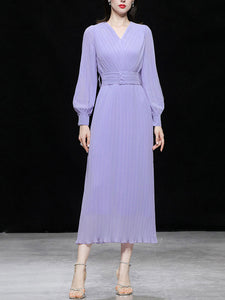 Purple Lantern Sleeve V Neck Chiffon Maxi Dress