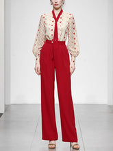 Load image into Gallery viewer, 2PS White And Red Sweet Heart V Neck Shirt And Red Wide-Leg Pants Set