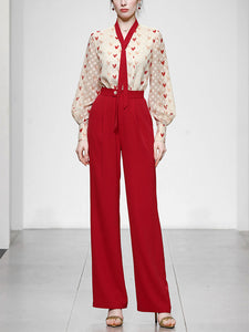 2PS White And Red Sweet Heart V Neck Shirt And Red Wide-Leg Pants Set