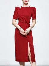 Load image into Gallery viewer, Red Slim Fit Crew Neck Puff Sleeve Satin Dress Vintage Dress