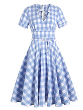 Load image into Gallery viewer, Blue And White Plaid V Neck 1950S Dress With Belt