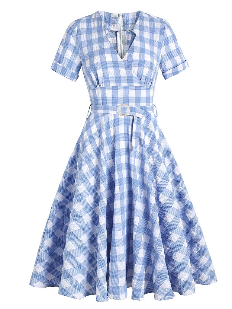 Blue And White Plaid V Neck 1950S Dress With Belt
