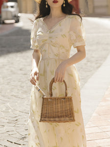 Sweet Apricot Leaf Embroidered Princess Corset Vintage Dress