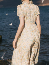 Load image into Gallery viewer, Apricot Ruffled Crewneck Floral Print Chiffon Retro 1950S Cottagecore Dress
