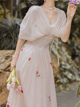 Load image into Gallery viewer, White Rose Polka Dots Deep V Neck Butterfly Sleeve Vintage Dress