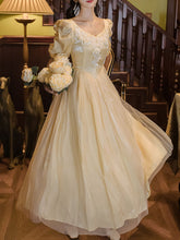 Load image into Gallery viewer, Yellow Lace V Neck Vintage Princess Puff Sleeve Maxi Evening Dress