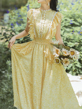 Load image into Gallery viewer, Yellow Floral Print Fuffles Vintage Princess Chiffon Maxi Dress