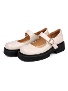 Black Women's Platform Shoes Square Toe Leather Vintage Shoes