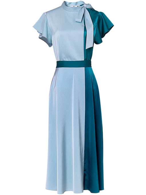 2PS Light Blue And Lake Blue Butterfly Sleeve Blouse And Satin High Waist Skirt Dress Suit