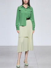 Load image into Gallery viewer, 2PS Green Vintage Lapel Shirt With Apricot Pleated Skirt Suit