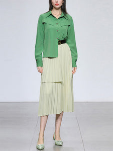 2PS Green Vintage Lapel Shirt With Apricot Pleated Skirt Suit