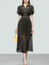Load image into Gallery viewer, Black Bellflower Embroidered Design Long Lace Pleated Dress