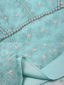 Vintage Teal Short Sleeve Pearl Neck Waist Embroidered Dress