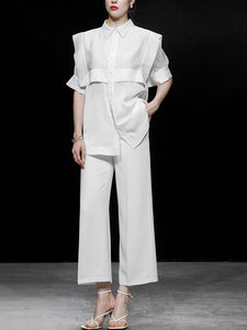 2PS Casual White Shirt And White Wide Leg Pants Ninth Pants Pants Set