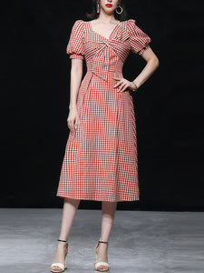 Plaid Short Sleeve Bow Cross Waist 1950S Vintage Dress
