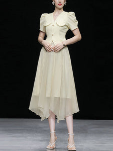 2PS Apricot V Neck Puff Sleeve Top And Irregular Gauze Skirt Set
