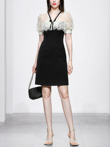 Fairy White Lace Sweet Luxury Short V-neck Mini Black Dress Party Dress