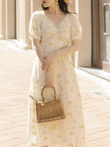Sweet Apricot Leaf Embroidered Princess Corset Vintage Dress