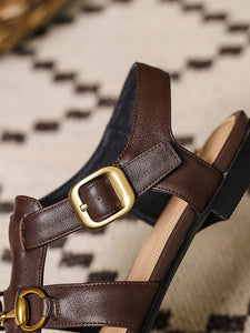 Brown Women's Flats Sandals Piont Toe Hollow Belt Leather Vintage Shoes