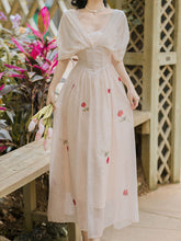 Load image into Gallery viewer, White Rose Polka Dots Deep V Neck Butterfly Sleeve Vintage Dress