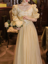 Load image into Gallery viewer, Yellow Lace V Neck Vintage Princess Puff Sleeve Maxi Evening Dress