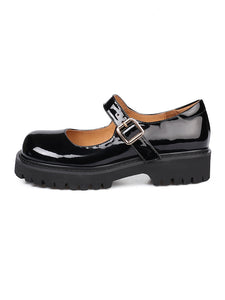 Black Women's Platform Shoes Square Toe Leather Vintage Shoes