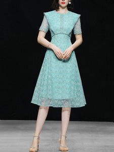Vintage Teal Short Sleeve Pearl Neck Waist Embroidered Dress