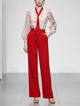 Load image into Gallery viewer, 2PS White And Red Sweet Heart V Neck Shirt And Red Wide-Leg Pants Set
