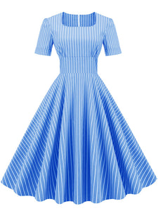Stripe Square Collar 1950S Dress With Pockets
