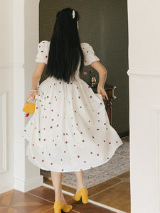 White Strawberry Bow Sweet Heart Collar Puff Sleeve Swing Fairy Dress