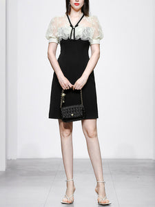 Fairy White Lace Sweet Luxury Short V-neck Mini Black Dress Party Dress