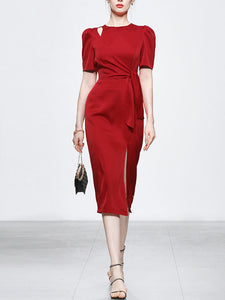 Red Slim Fit Crew Neck Puff Sleeve Satin Dress Vintage Dress