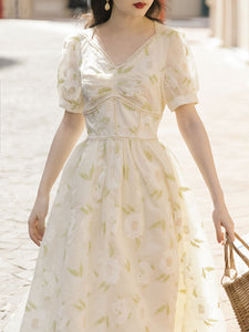 Sweet Apricot Leaf Embroidered Princess Corset Vintage Dress