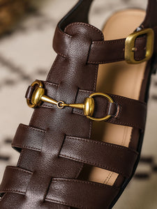 Brown Women's Flats Sandals Piont Toe Hollow Belt Leather Vintage Shoes