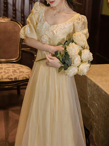 Yellow Lace V Neck Vintage Princess Puff Sleeve Maxi Evening Dress