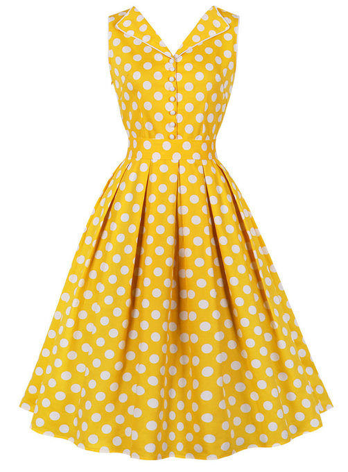 Yellow Polka Dots V Neck 1950S Vintage Belle Style Swing Dress