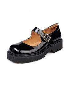 Black Women's Platform Shoes Square Toe Leather Vintage Shoes
