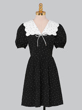 Load image into Gallery viewer, Polka Dot Doll Collar Puff Sleeves Mini Black Dress Vintage Style