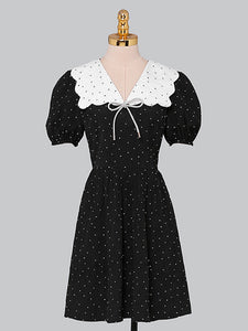 Polka Dot Doll Collar Puff Sleeves Mini Black Dress Vintage Style