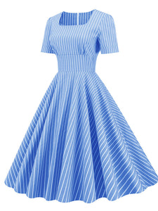 Stripe Square Collar 1950S Dress With Pockets