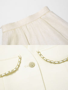 2PS Apricot V Neck Puff Sleeve Top And Irregular Gauze Skirt Set