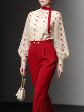 Load image into Gallery viewer, 2PS White And Red Sweet Heart V Neck Shirt And Red Wide-Leg Pants Set