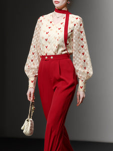 2PS White And Red Sweet Heart V Neck Shirt And Red Wide-Leg Pants Set