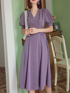 Lavender V Neck Puff Sleeve Swing Vintage Style 1940S Dress