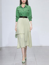 Load image into Gallery viewer, 2PS Green Vintage Lapel Shirt With Apricot Pleated Skirt Suit